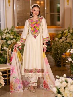 Autumnlane - Cream Embroidered Round Neck Kurta Pant with Dupatta