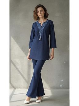 Autumnlane - Blue Embroidered Round Neck Tunic with Pant