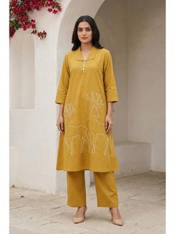 Autumnlane - Yellow Embroidered Collar Neck Kurta with Pant