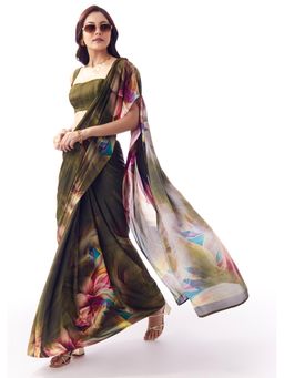 KALKI FASHION - Olive Printed Saree With Unstitched Blouse