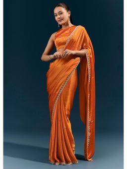 KALKI FASHION - Orange Embellished/Sequined Saree With Unstitched Blouse