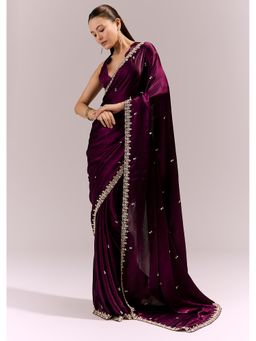 KALKI FASHION - Wine Embellished/Sequined Saree With Unstitched Blouse