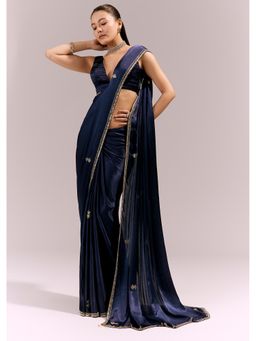 KALKI FASHION - Navy Blue Embellished/Sequined Saree With Unstitched Blouse
