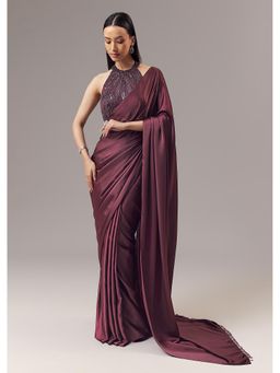 KALKI FASHION - Wine Solid/Plain Saree With Unstitched Blouse