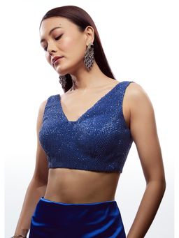 KALKI FASHION - Navy Blue Embellished/Sequined V-Neck Blouse