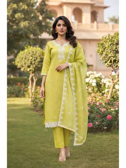 Autumnlane - Yellow Embroidered Round Neck Kurta Pant with Dupatta