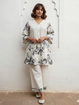 Autumnlane - White Printed V-Neck Kurti and Pant