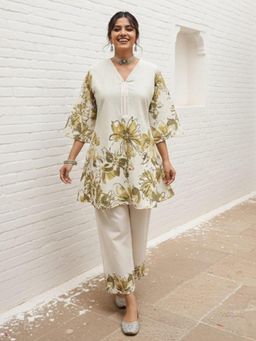 Autumnlane - White Printed V-Neck Kurti and Pant