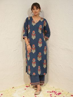 Autumnlane - Blue Printed V-Neck Kurta with Pant