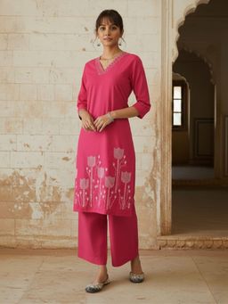 Autumnlane - Pink Embroidered V-Neck Kurta with Pant