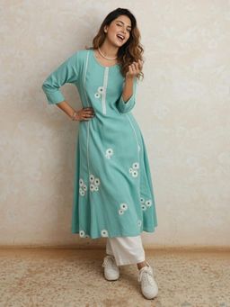 Autumnlane - Turquoise Embroidered Round Neck Kurta with Pant