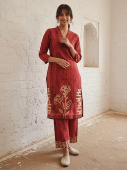 Autumnlane - Rust Printed V-Neck Kurta with Pant