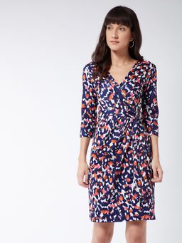 Miss Chase - Women's Multicolored-Base-Navy Blue Animal Printed Wrap Knee Length Dress