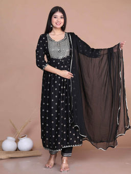 Miravan - Womens Rayon Black Embroidery Pakistani Nayra Kurta with Salwar & Dupatta (Set of 3)