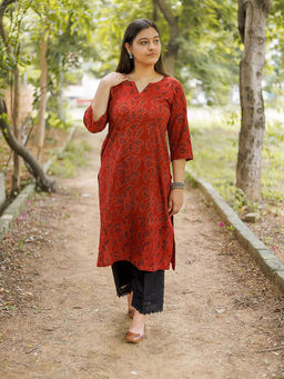 Laado - Brick Red Dabu Kurta with Black Palazzo (Set of 2)