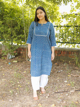 Laado - Handblock Printed Natural Dyed Blue Kurta with Lace Details
