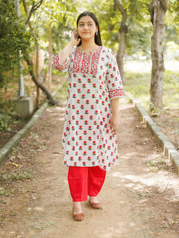 Laado - White Handblock Printed Red Booty Kurta & Salwar (Set of 2)