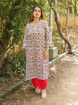 Laado - Handblock Printed White & Red Floral Kurta