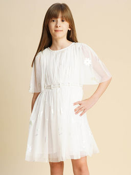 VERO MODA - Girls Self Design Fit and Flare White Dress with Belt