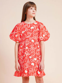 VERO MODA - Girls Abstract Relaxed Fit Red Dress