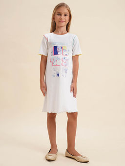 VERO MODA - Girls Graphic Print Regular Fit White Dress