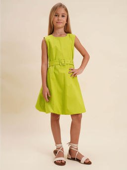 VERO MODA - Girls Solid A-Line Fit Green Dress with Belt
