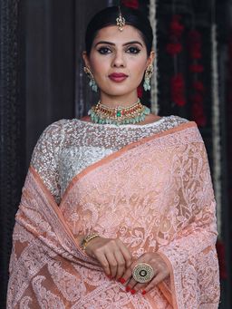 Beatitude - Peach Hand Embroidered Chikankari Saree with Unstitched Blouse