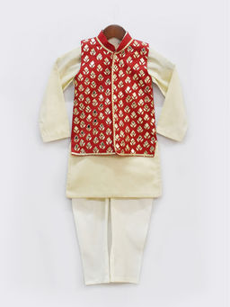 Fayon Kids - Red Golden Embroidery Jacket with Golden Kurta and Chudidar (Set of 3)