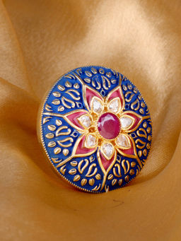 Saraf RS Jewellery - Gold Plated With Blue Ad Studded Handcrafted Adjustable Round Ring