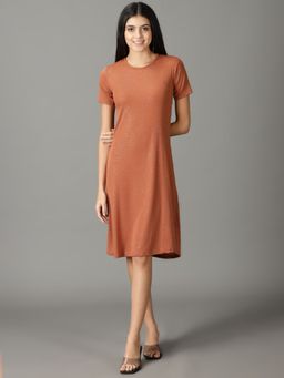 SHOWOFF - Womens Embellished Round Neck Rust Knee Length Dress