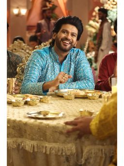 HILO DESIGN - Aarohan Neel Aqua Embroidered Dupion Silk Kurta with Dupatta