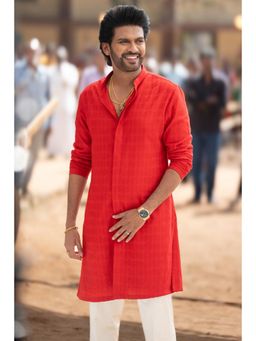HILO DESIGN - Rudra Vermilion Red Tone-On-Tone Cotton Kurta