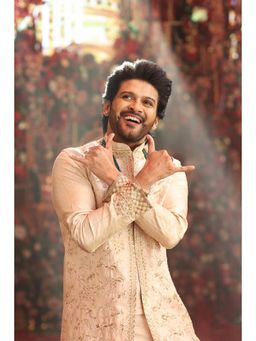 HILO DESIGN - Royal Sand Hand Embroidered Dupion Silk Sherwani and Kurta