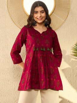 Vaamsi - Women Maroon Cotton Blend Ethnic Motifs Printed Peplum Tunic