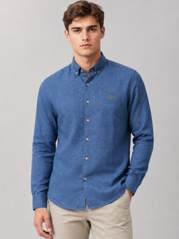 LINENWEAR - Men Blue Textured Regular Fit Pure Linen Shirt