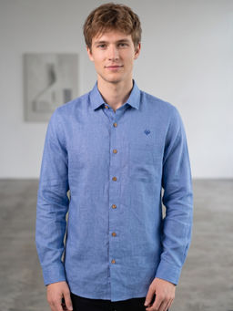 LINENWEAR - Men Blue Solid Full Sleeves Regular Fit Shirt
