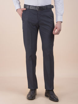Cantabil - Men Navy Blue Self Design Formal Trouser