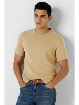 Peter England - Men Beige Textured T-Shirt