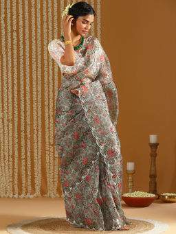 Gajra Gang - Bageecha Blue Printed Organza Saree With Unstitched Blouse (Set of 2)