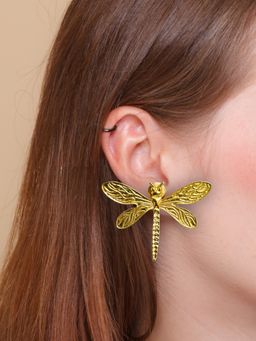 Viana Jewels - Dragonfly Stud Earrings With Textured Wings Design & Gold-Plated In Brass