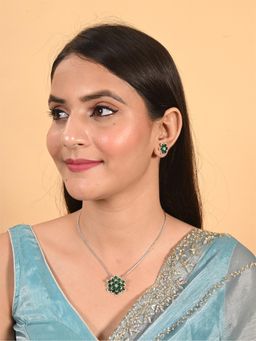 Ratnavali Jewels - American Diamond Silver Plated Green Stone Pendant with Earrings Jewellery Set