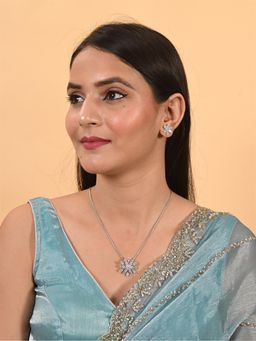 Ratnavali Jewels - American Diamond Silver Plated White Stone Pendant with Earrings Jewellery Set
