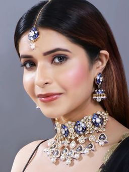 I Jewels - Gold-Plated Polka Kundan Studded And Blue Pearl Beaded Jewellery Set