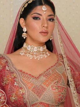 I Jewels - Gold-Plated Polka Kundan Studded And Pink Pearl Beaded Jewellery Set