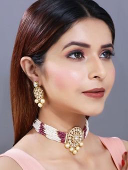 I Jewels - Gold-Plated Polka Kundan Studded And Pearl Beaded Jewellery Set