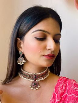I Jewels - Gold-Plated Polka Kundan Studded And Pearl Beaded Jewellery Set