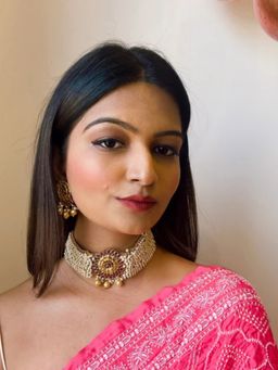 I Jewels - Gold-Plated Polka Kundan Studded And Pearl Beaded Jewellery Set