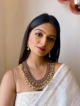 I Jewels - Gold-Plated Polka Kundan Studded And Pearl Beaded Jewellery Set