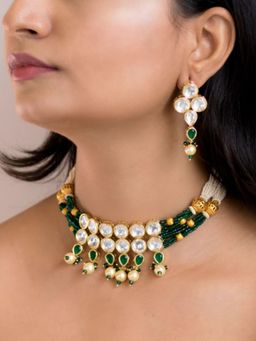 I Jewels - Gold-Plated Polka Kundan Studded And Green Pearl Beaded Jewellery Set