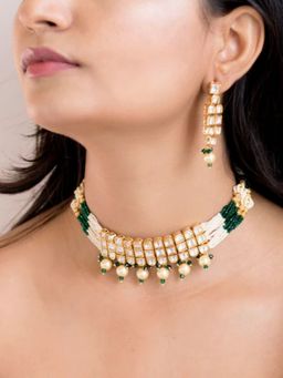 I Jewels - Gold-Plated Polka Kundan Studded And Green Pearl Beaded Jewellery Set